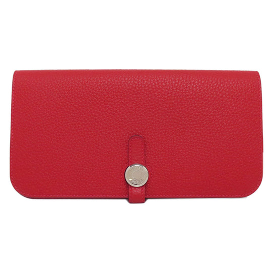 HERMES Long Wallet Purse Togo Red Dogon Long SilverMetal Women Used Authentic