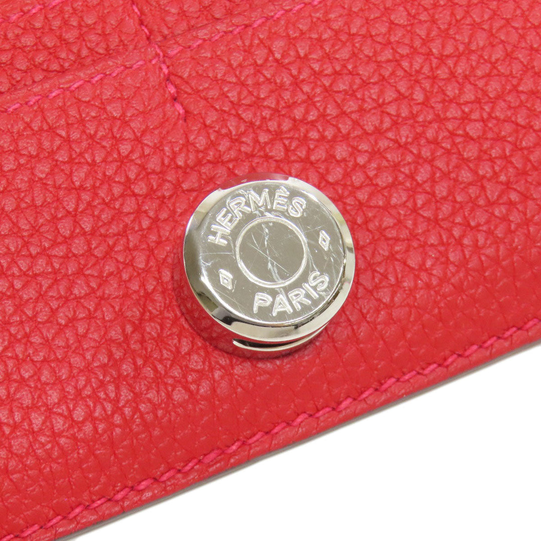 HERMES Long Wallet Purse Togo Red Dogon Long SilverMetal Women Used Authentic