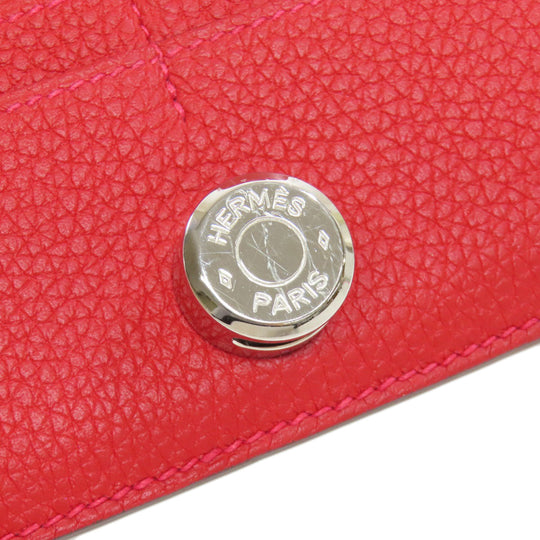 HERMES Long Wallet Purse Togo Red Dogon Long SilverMetal Women Used Authentic