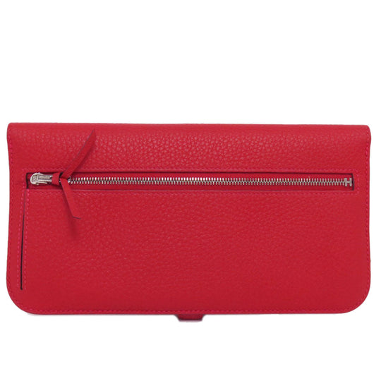 HERMES Long Wallet Purse Togo Red Dogon Long SilverMetal Women Used Authentic