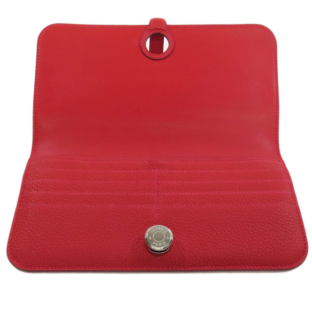 HERMES Long Wallet Purse Togo Red Dogon Long SilverMetal Women Used Authentic