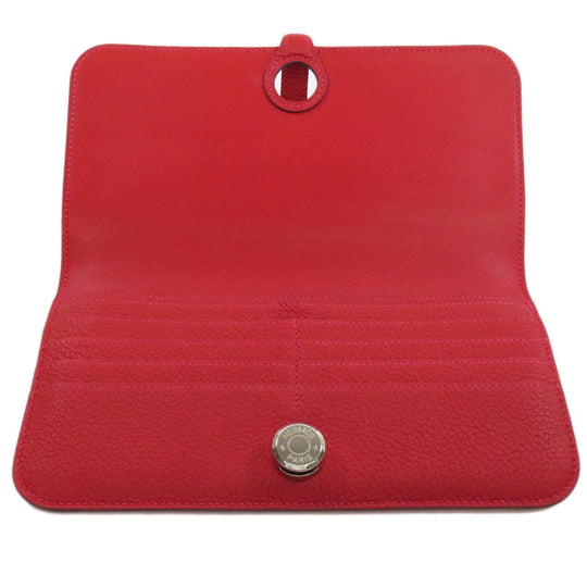 HERMES Long Wallet Purse Togo Red Dogon Long SilverMetal Women Used Authentic