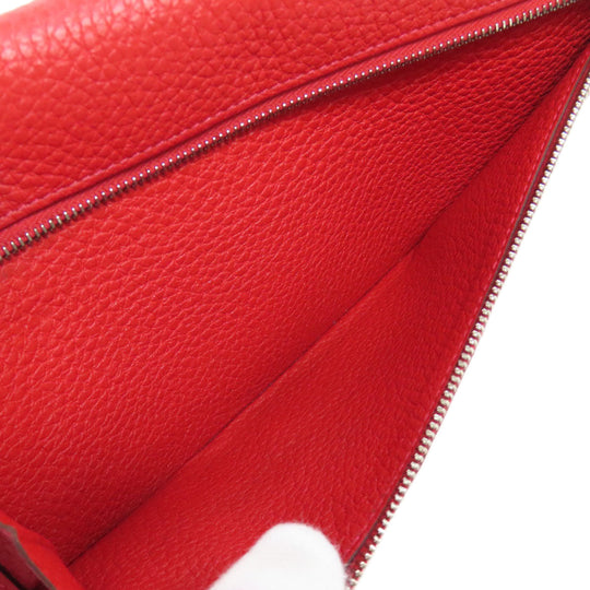 HERMES Long Wallet Purse Togo Red Dogon Long SilverMetal Women Used Authentic