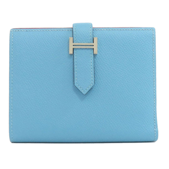 HERMES Bifold Wallet Epsom blue Bearn Compact SilverMetal Women Used Authentic