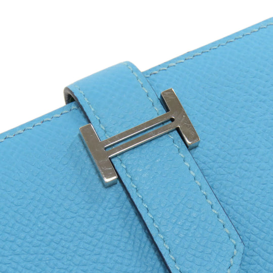 HERMES Bifold Wallet Epsom blue Bearn Compact SilverMetal Women Used Authentic