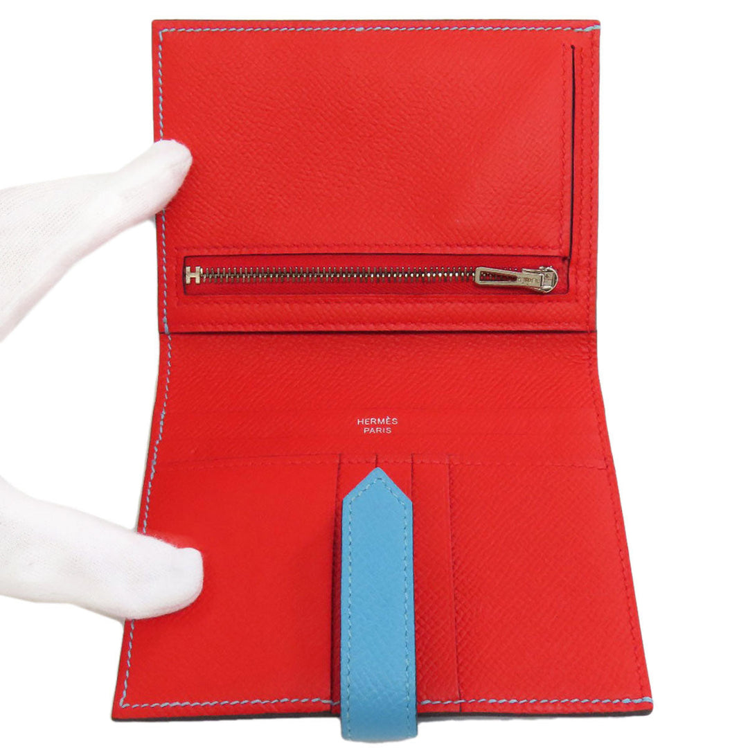 HERMES Bifold Wallet Epsom blue Bearn Compact SilverMetal Women Used Authentic