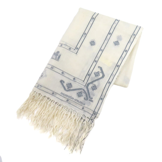 HERMES Stall Silk, Cotton white Carriage Pattern Women Used Authentic