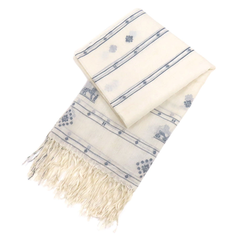 HERMES Stall Silk, Cotton white Carriage Pattern Women Used Authentic