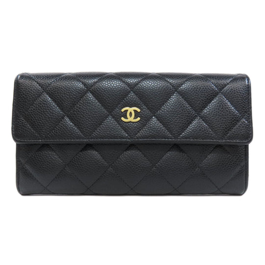 CHANEL Long Wallet Purse Caviar skin black Matelasse COCO Mark Gold Metal Women Used Authentic