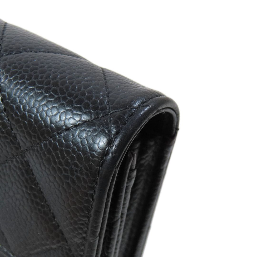 CHANEL Long Wallet Purse Caviar skin black Matelasse COCO Mark Gold Metal Women Used Authentic