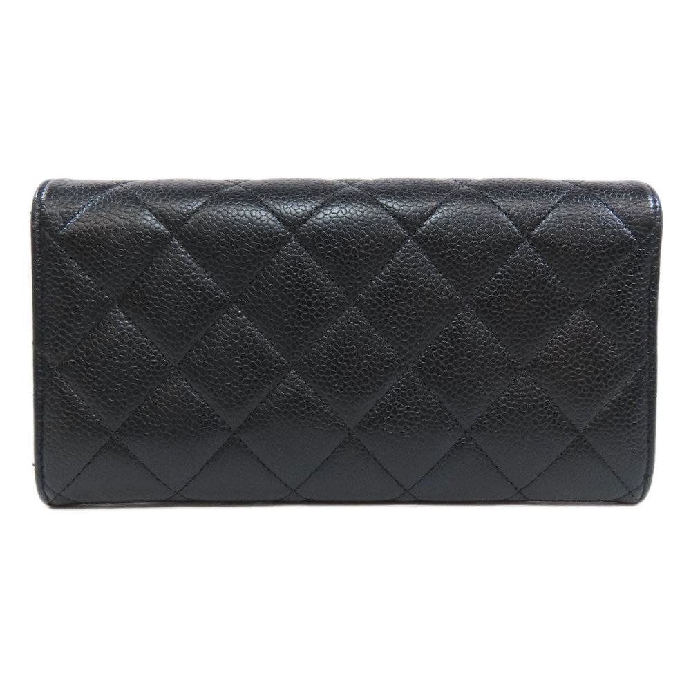 CHANEL Long Wallet Purse Caviar skin black Matelasse COCO Mark Gold Metal Women Used Authentic