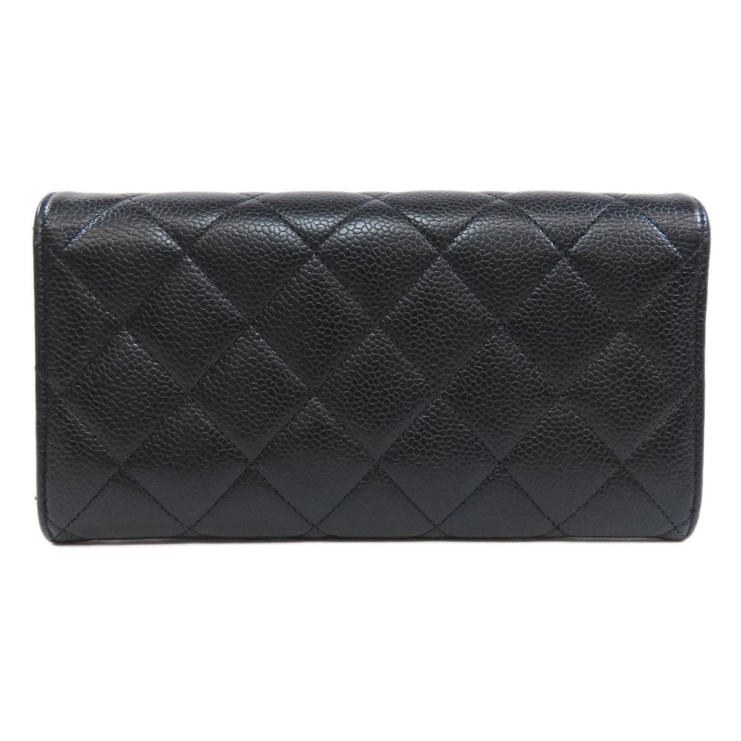 CHANEL Long Wallet Purse Caviar skin black Matelasse COCO Mark Gold Metal Women Used Authentic