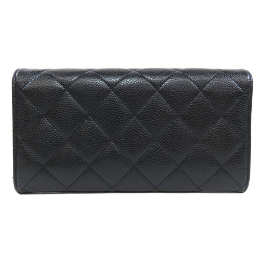CHANEL Long Wallet Purse Caviar skin black Matelasse COCO Mark Gold Metal Women Used Authentic