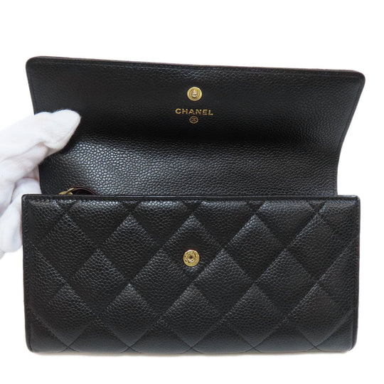 CHANEL Long Wallet Purse Caviar skin black Matelasse COCO Mark Gold Metal Women Used Authentic