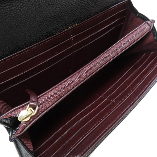 CHANEL Long Wallet Purse Caviar skin black Matelasse COCO Mark Gold Metal Women Used Authentic