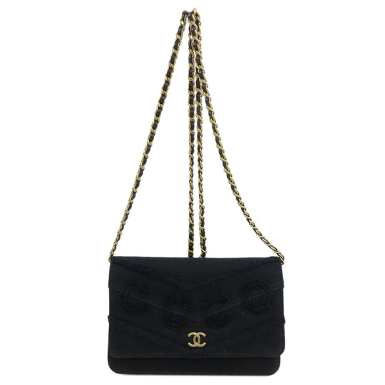 CHANEL Long Wallet Purse canvas black Chain Wallet COCO Mark Gold Metal Women Used Authentic