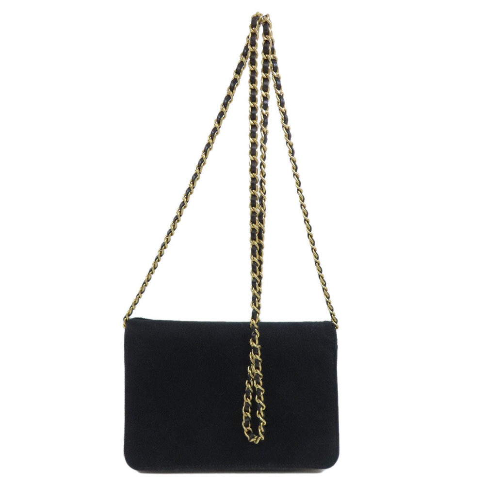 CHANEL Long Wallet Purse canvas black Chain Wallet COCO Mark Gold Metal Women Used Authentic