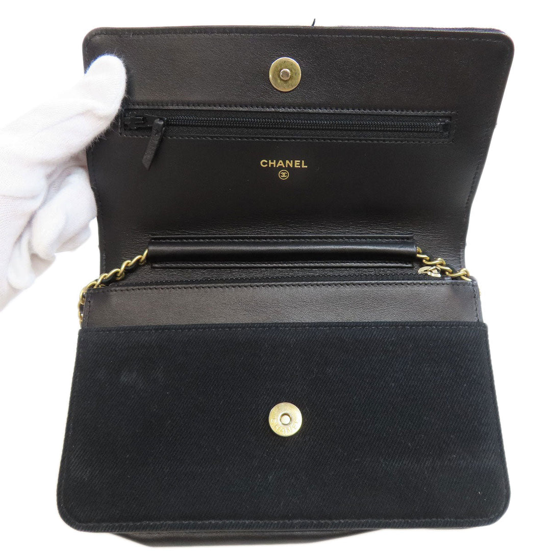 CHANEL Long Wallet Purse canvas black Chain Wallet COCO Mark Gold Metal Women Used Authentic