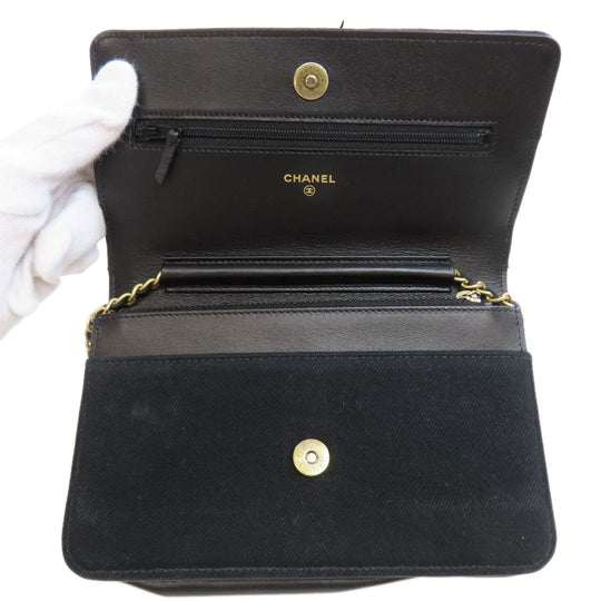 CHANEL Long Wallet Purse canvas black Chain Wallet COCO Mark Gold Metal Women Used Authentic