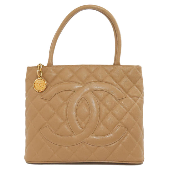CHANEL Tote Bag Caviar skin beige Replica Tote Gold Metal Women Used Authentic