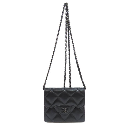 CHANEL Bifold Wallet Ram black Chain wallet matrasse Women Used Authentic