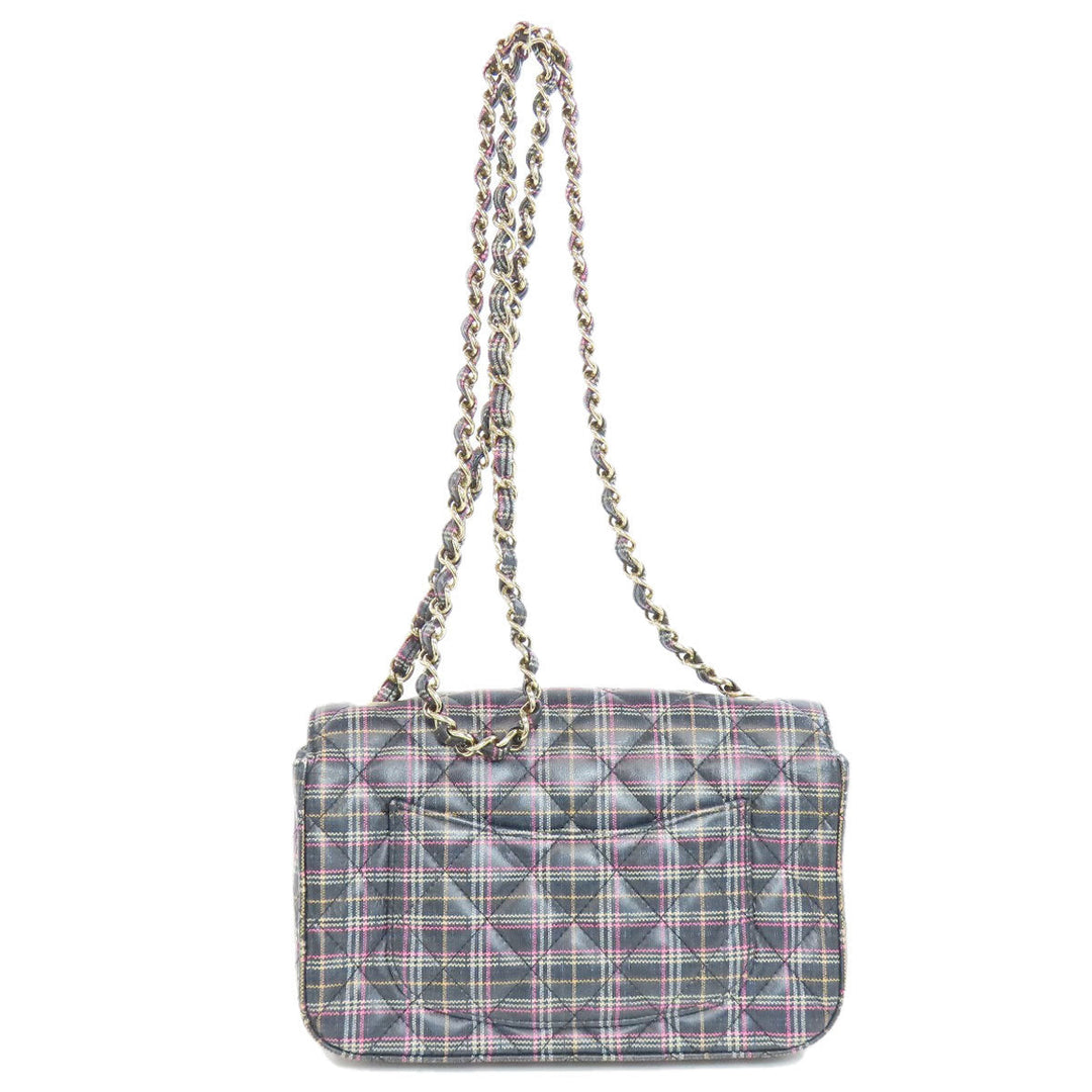 CHANEL Shoulder Bag leather gray ChainShoulder Check Pattern Gold Metal
