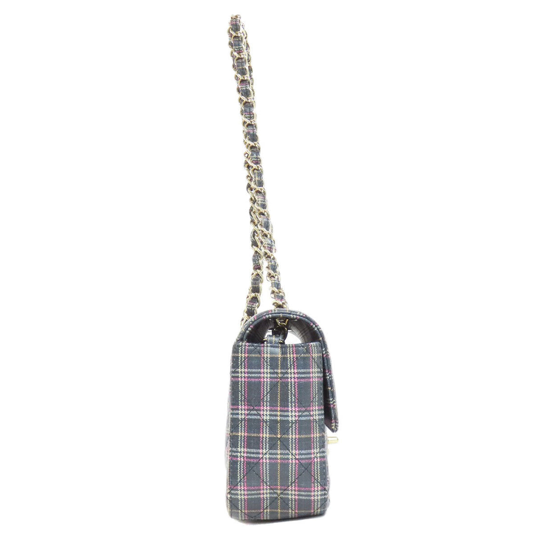 CHANEL Shoulder Bag leather gray ChainShoulder Check Pattern Gold Metal