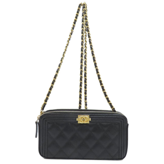 CHANEL Long Wallet Purse Caviar skin black Chain Wallet Boy Chanel Gold Metal Women Used Authentic