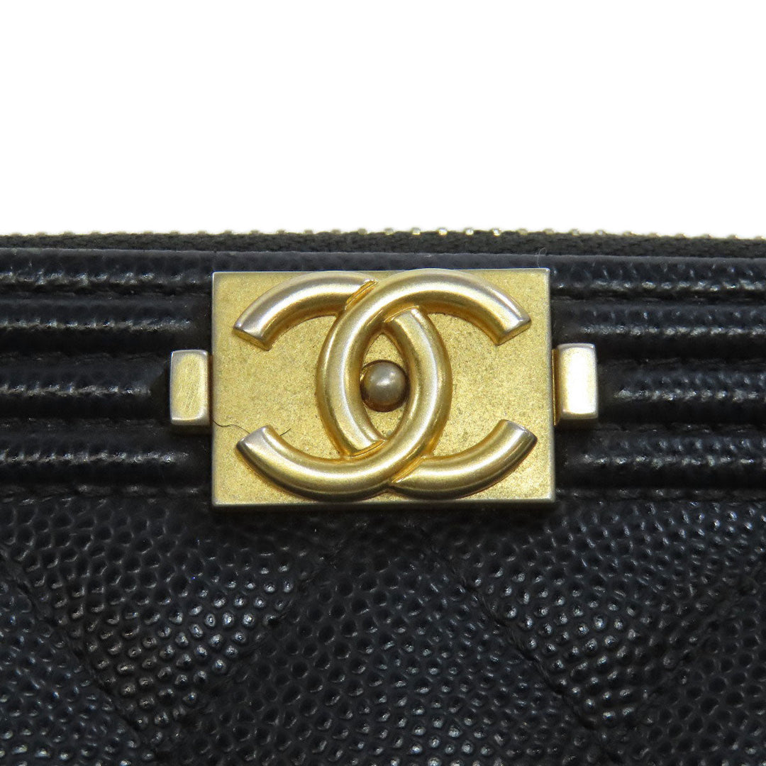 CHANEL Long Wallet Purse Caviar skin black Chain Wallet Boy Chanel Gold Metal Women Used Authentic