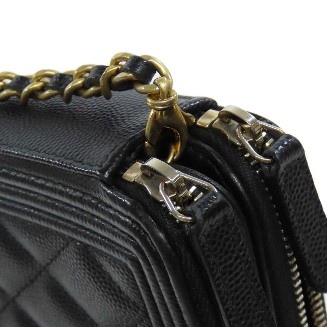 CHANEL Long Wallet Purse Caviar skin black Chain Wallet Boy Chanel Gold Metal Women Used Authentic