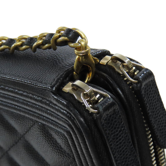 CHANEL Long Wallet Purse Caviar skin black Chain Wallet Boy Chanel Gold Metal Women Used Authentic
