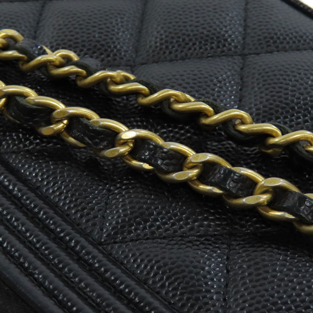 CHANEL Long Wallet Purse Caviar skin black Chain Wallet Boy Chanel Gold Metal Women Used Authentic