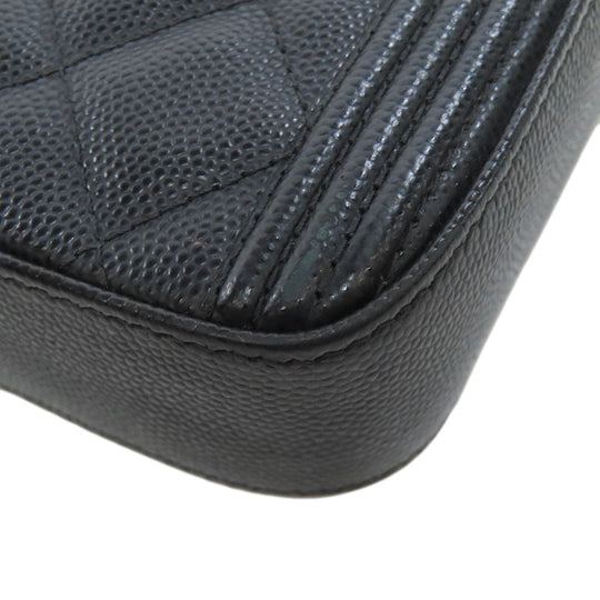 CHANEL Long Wallet Purse Caviar skin black Chain Wallet Boy Chanel Gold Metal Women Used Authentic
