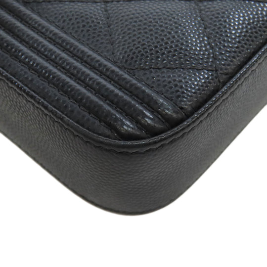 CHANEL Long Wallet Purse Caviar skin black Chain Wallet Boy Chanel Gold Metal Women Used Authentic