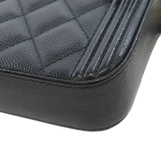 CHANEL Long Wallet Purse Caviar skin black Chain Wallet Boy Chanel Gold Metal Women Used Authentic