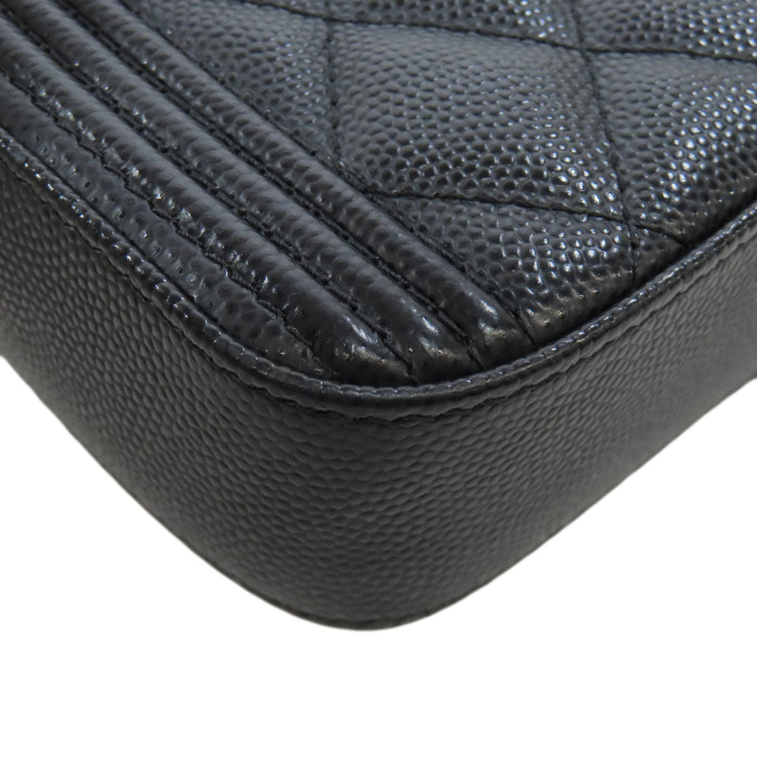 CHANEL Long Wallet Purse Caviar skin black Chain Wallet Boy Chanel Gold Metal Women Used Authentic