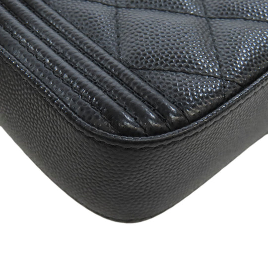 CHANEL Long Wallet Purse Caviar skin black Chain Wallet Boy Chanel Gold Metal Women Used Authentic