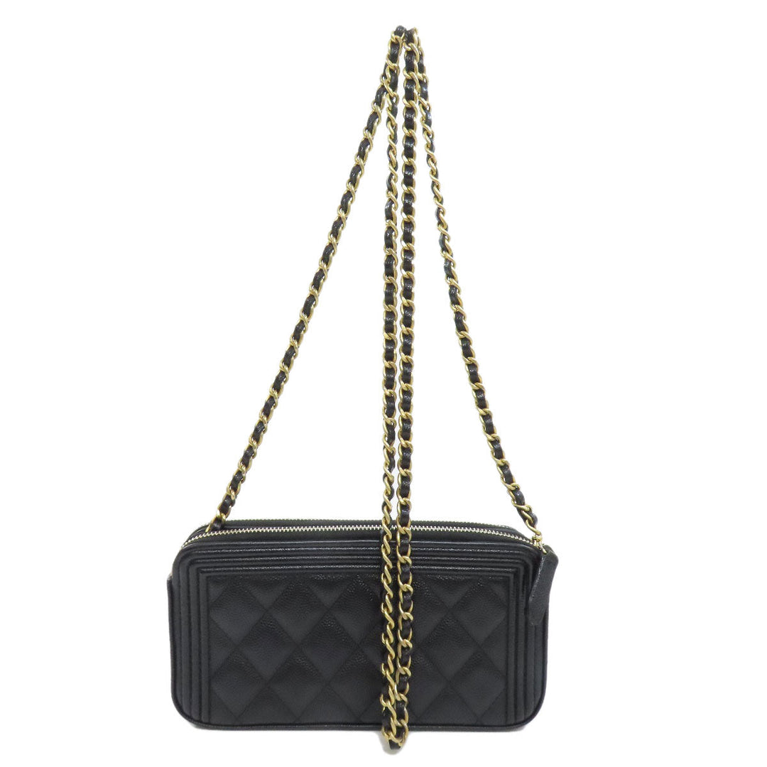 CHANEL Long Wallet Purse Caviar skin black Chain Wallet Boy Chanel Gold Metal Women Used Authentic