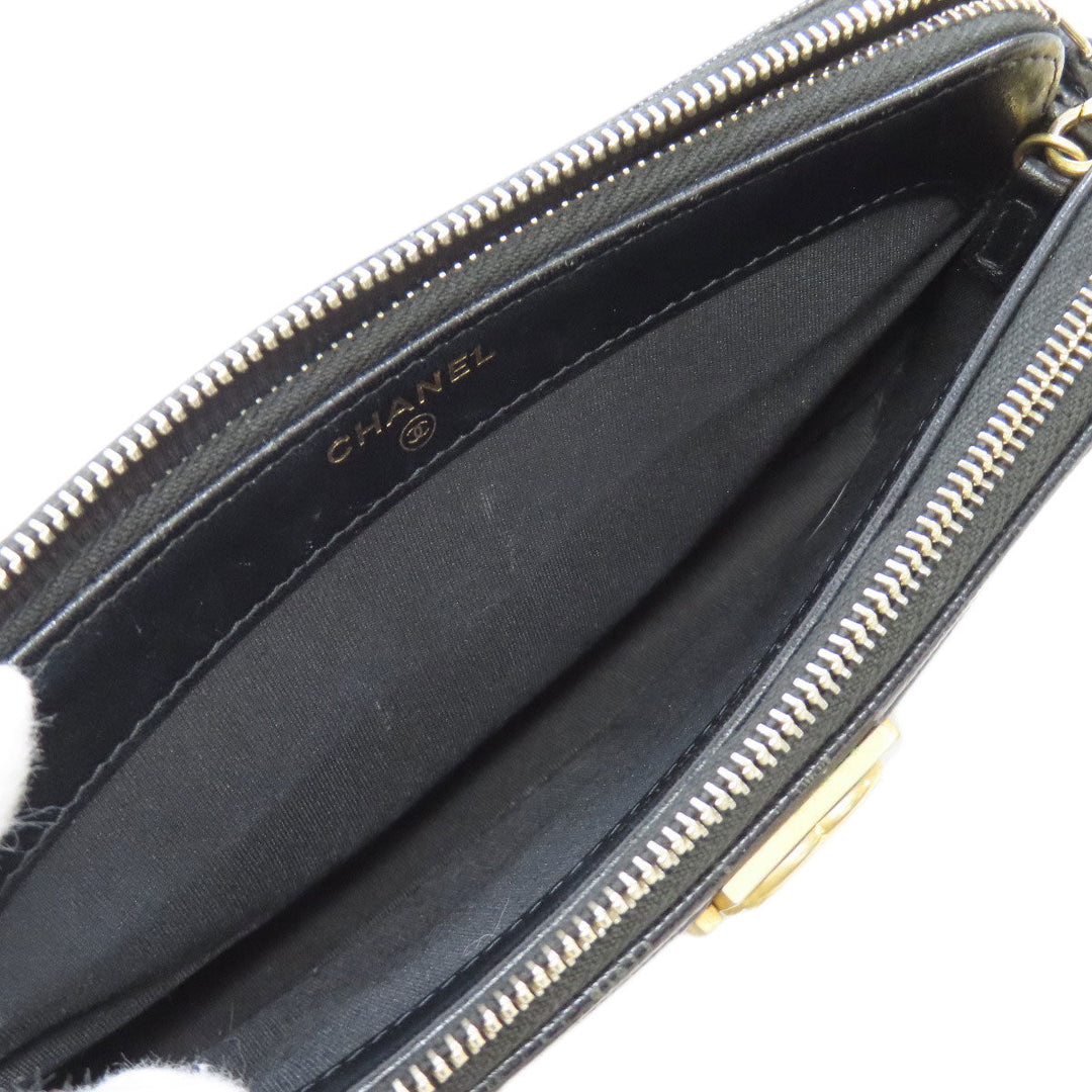 CHANEL Long Wallet Purse Caviar skin black Chain Wallet Boy Chanel Gold Metal Women Used Authentic