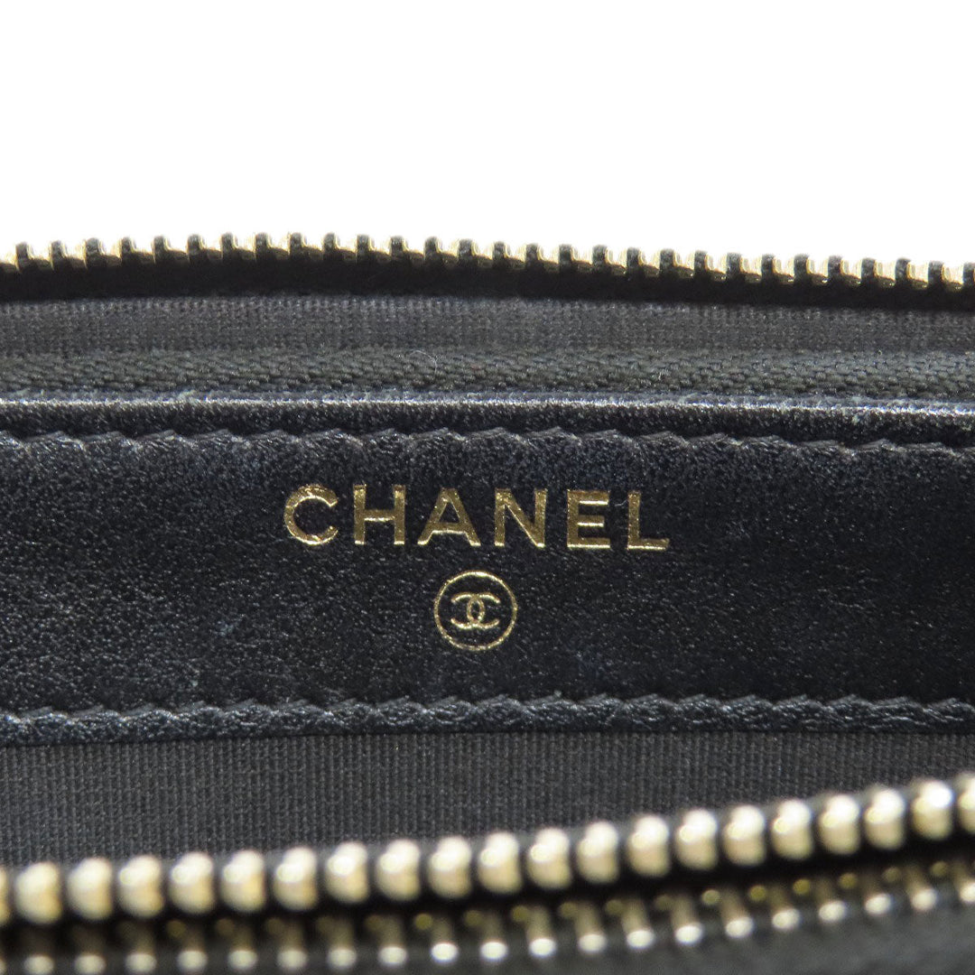 CHANEL Long Wallet Purse Caviar skin black Chain Wallet Boy Chanel Gold Metal Women Used Authentic