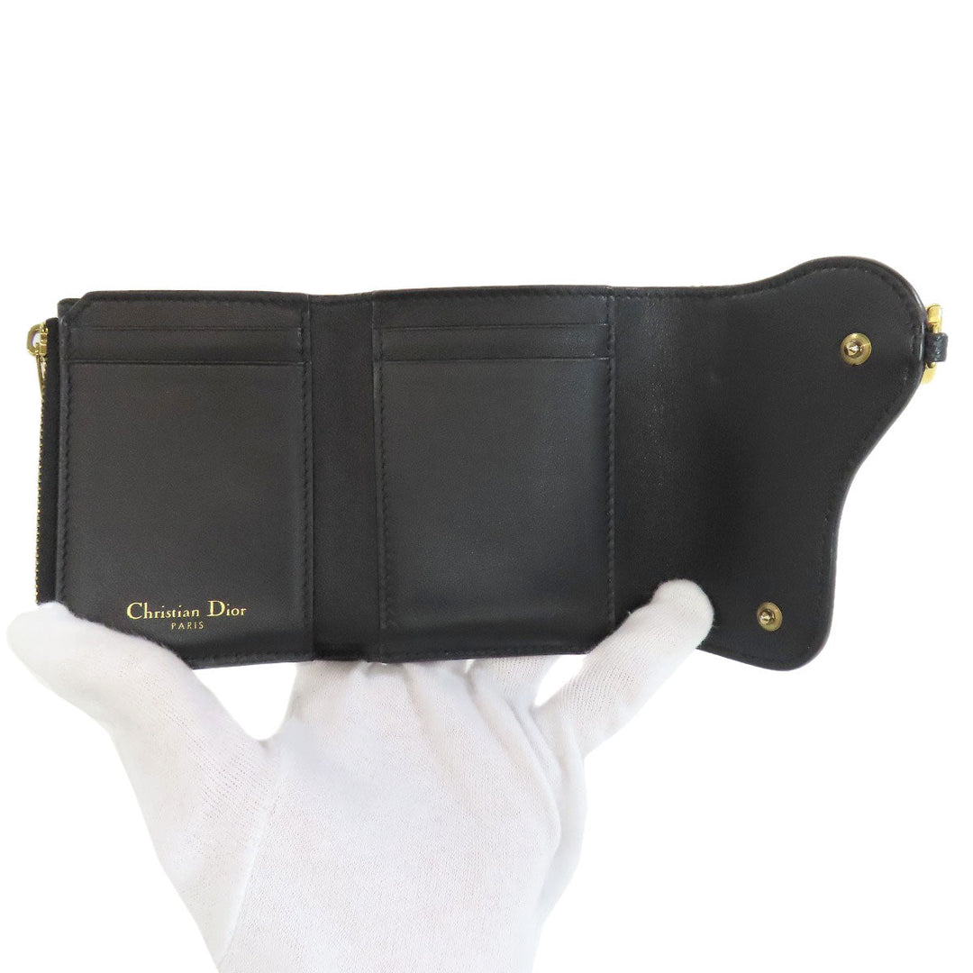 Christian Dior Bifold Wallet Calfskin black saddle lotus wallet Women Used Authentic