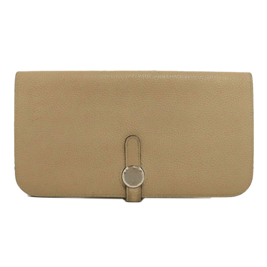 HERMES Long Wallet Purse Taurillon Clemence beige Dogon Long SilverMetal Women Used Authentic
