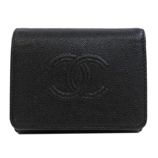 CHANEL Bifold Wallet Caviar skin black Tri-fold Wallet COCO Mark Silver Metal Women Used Authentic