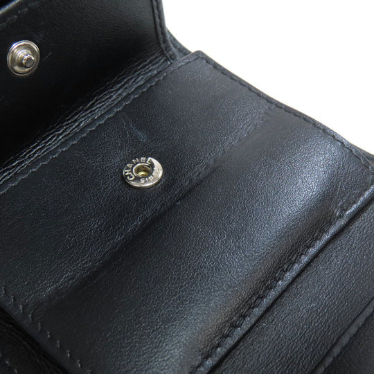 CHANEL Bifold Wallet Caviar skin black Tri-fold Wallet COCO Mark Silver Metal Women Used Authentic
