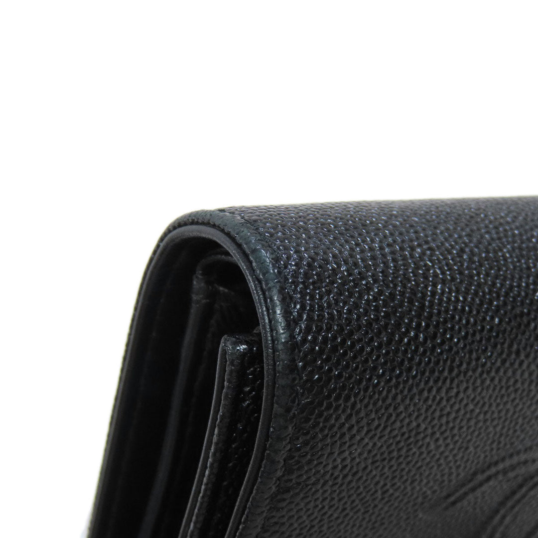 CHANEL Bifold Wallet Caviar skin black Tri-fold Wallet COCO Mark Silver Metal Women Used Authentic