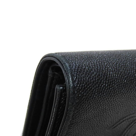 CHANEL Bifold Wallet Caviar skin black Tri-fold Wallet COCO Mark Silver Metal Women Used Authentic