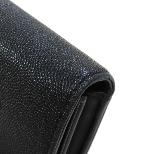 CHANEL Bifold Wallet Caviar skin black Tri-fold Wallet COCO Mark Silver Metal Women Used Authentic