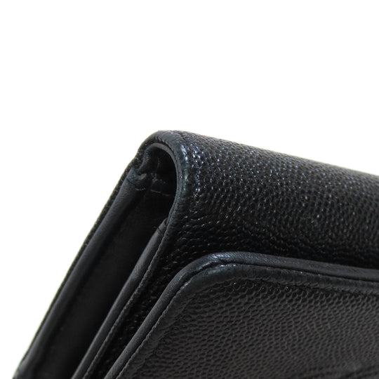 CHANEL Bifold Wallet Caviar skin black Tri-fold Wallet COCO Mark Silver Metal Women Used Authentic