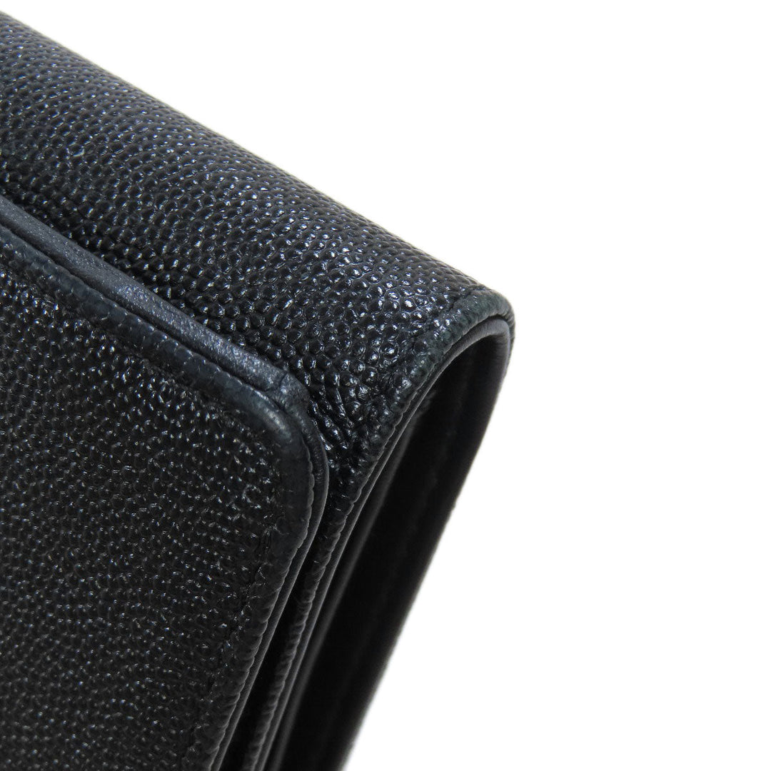 CHANEL Bifold Wallet Caviar skin black Tri-fold Wallet COCO Mark Silver Metal Women Used Authentic