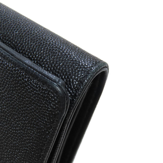 CHANEL Bifold Wallet Caviar skin black Tri-fold Wallet COCO Mark Silver Metal Women Used Authentic